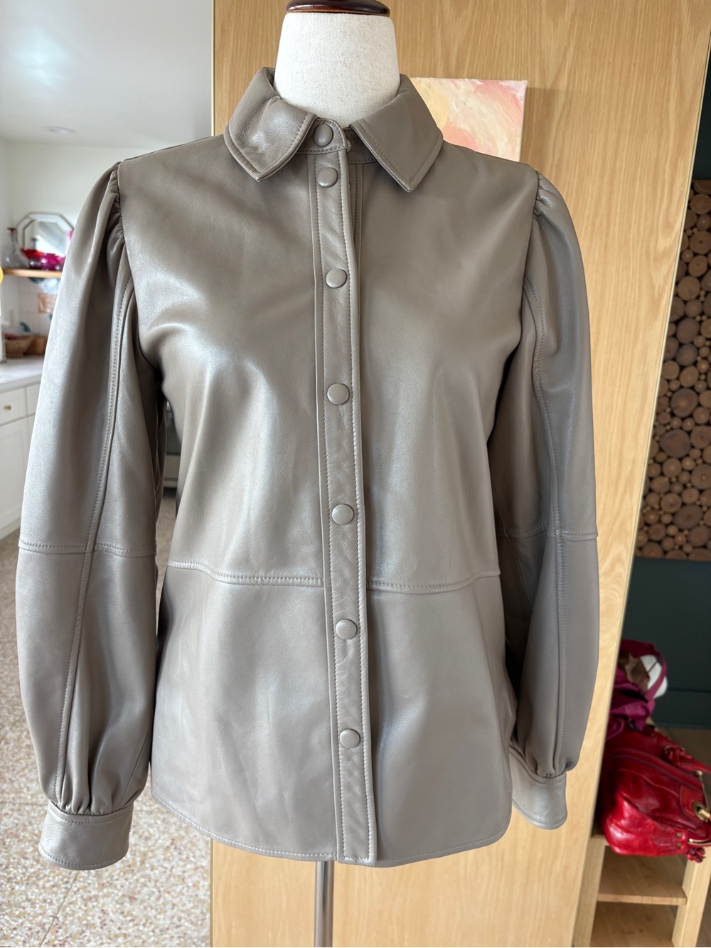 Ganni Taupe Button-Front Leather Shirt Jacket